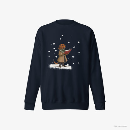 Dachshund Sweatshirt – Women Navy Sweatshirt Eco-Friendly – Singing Holiday Carols (on White Background)