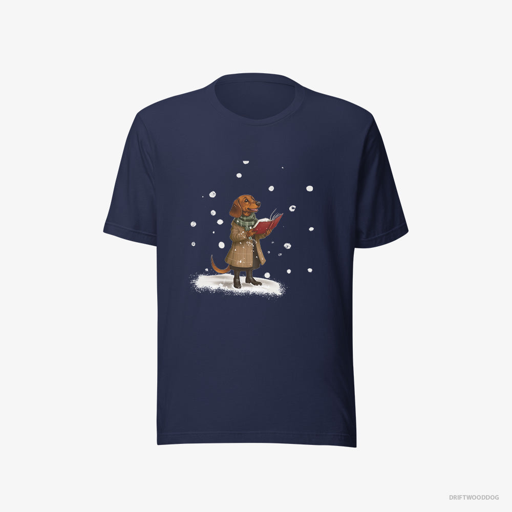 Dachshund T-Shirt – Women Navy T-Shirt Eco-Friendly – Singing Holiday Carols (on White Background)