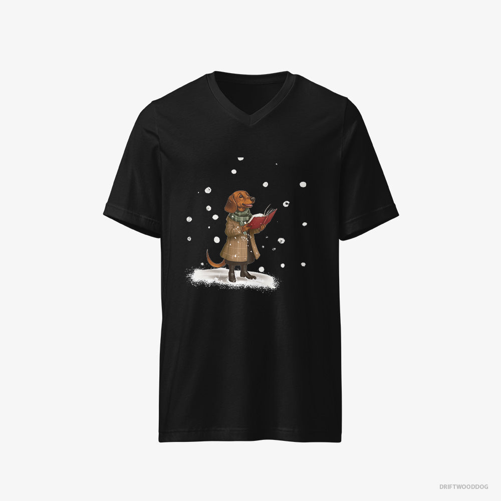 Dachshund T-Shirt – Men Black T-Shirt V-Neck – Singing Holiday Carols (on White Background)