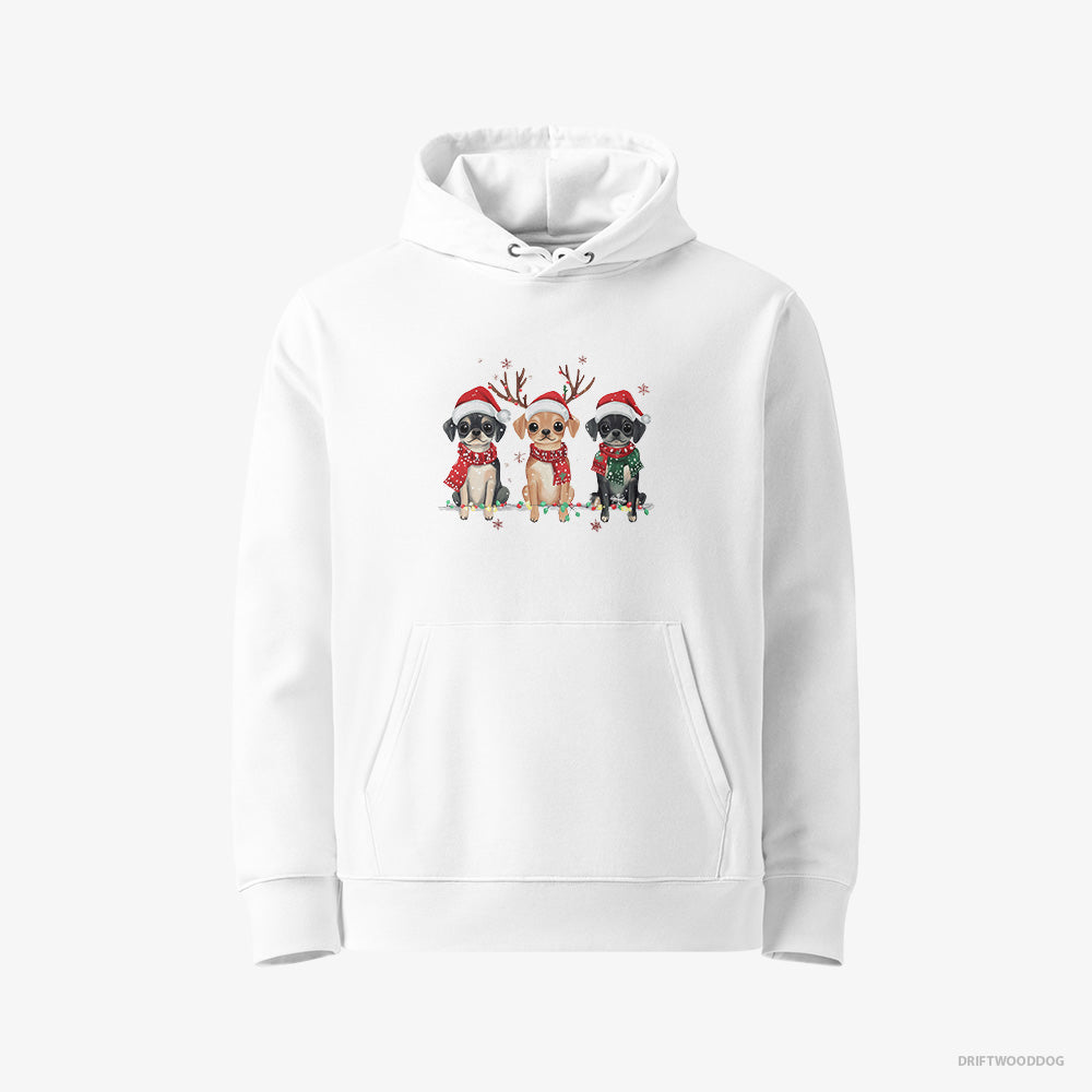 Pug Hoodie – Women White Hoodie Eco-Friendly – Puppies in a Magical Christmas Atmosphere (on White Background)