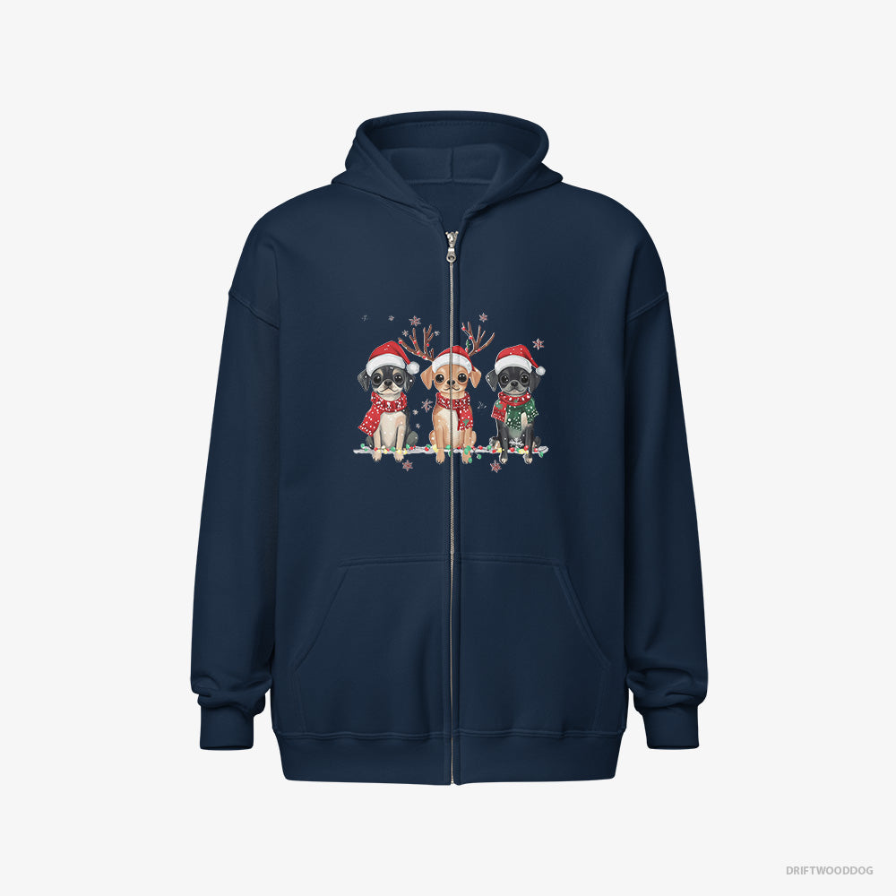 Pug Hoodie – Men Navy Hoodie Full-Zip – Puppies in a Magical Christmas Atmosphere (on White Background)