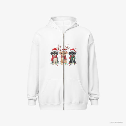 Pug Hoodie – Men White Hoodie Full-Zip – Puppies in a Magical Christmas Atmosphere (on White Background)