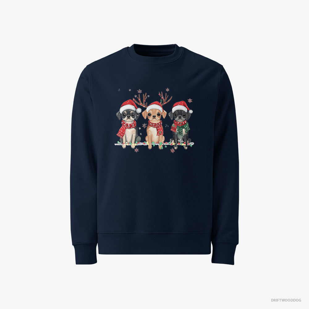 Pug Sweatshirt – Men Navy Sweatshirt Classic – Puppies in a Magical Christmas Atmosphere (on White Background)