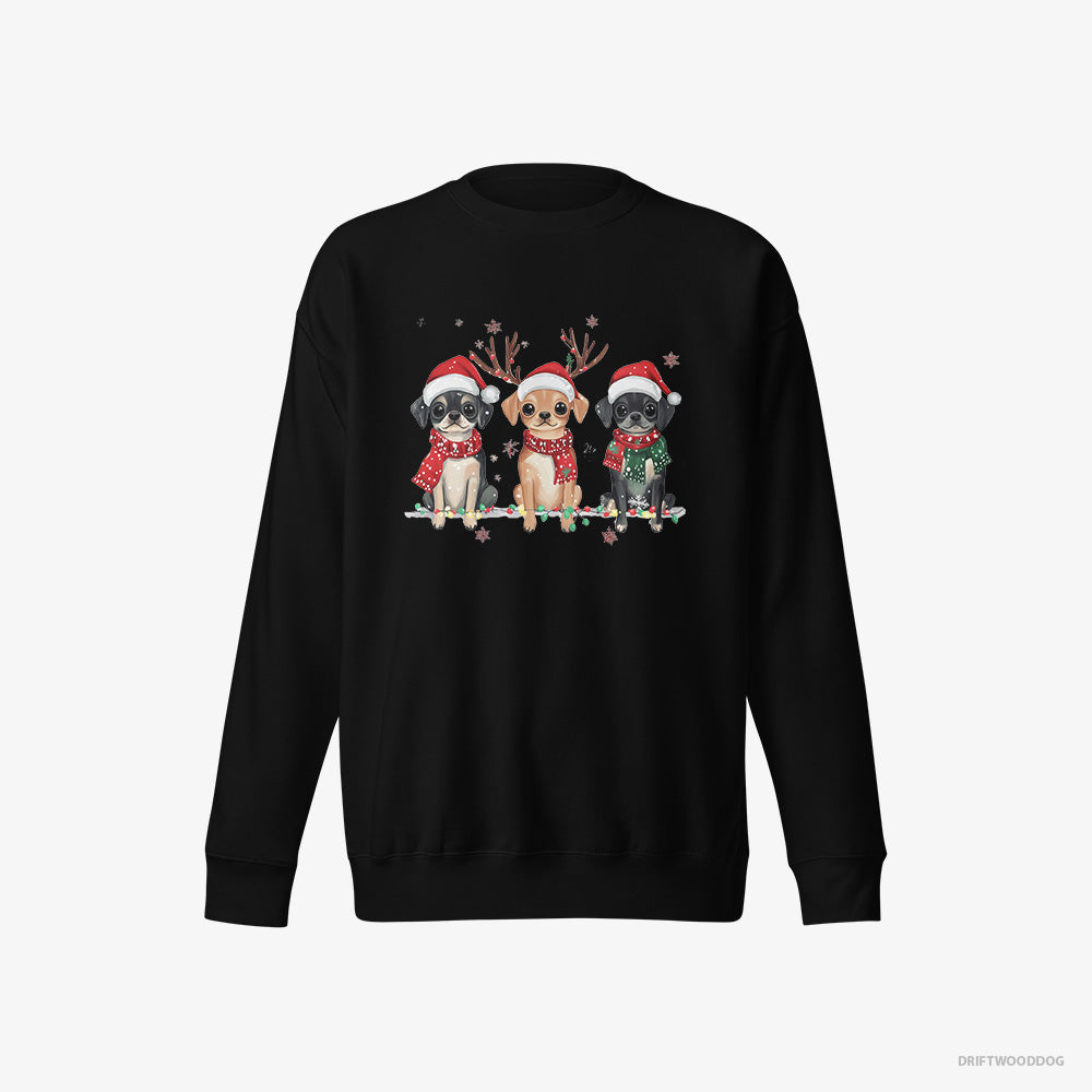 Pug Sweatshirt – Women Black Sweatshirt Eco-Friendly – Puppies in a Magical Christmas Atmosphere (on White Background)