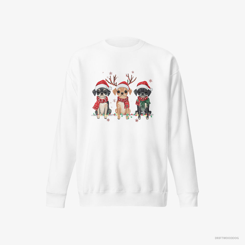 Pug Sweatshirt – Women White Sweatshirt Eco-Friendly – Puppies in a Magical Christmas Atmosphere (on White Background)