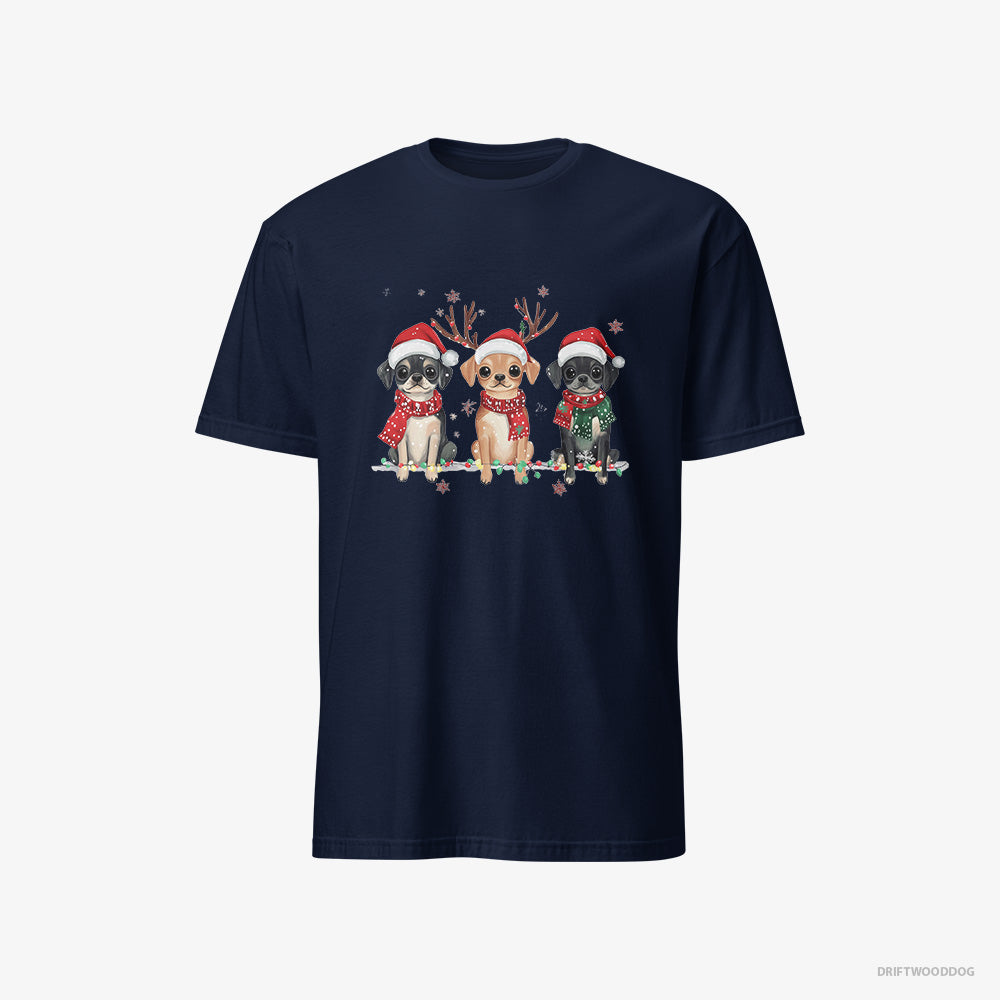 Pug T-Shirt – Men Navy T-Shirt Classic – Puppies in a Magical Christmas Atmosphere (on White Background)