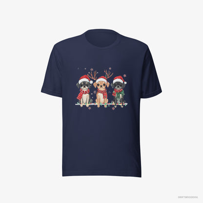 Pug T-Shirt – Women Navy T-Shirt Eco-Friendly – Puppies in a Magical Christmas Atmosphere (on White Background)