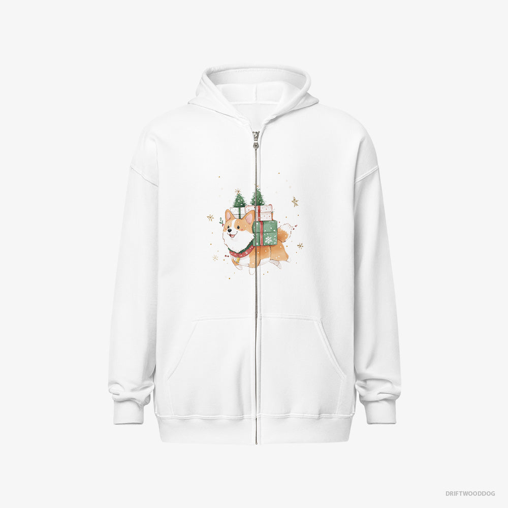 Corgi Hoodie – Men White Hoodie Full-Zip – Running with Christmas Gifts and Treats (on White Background)