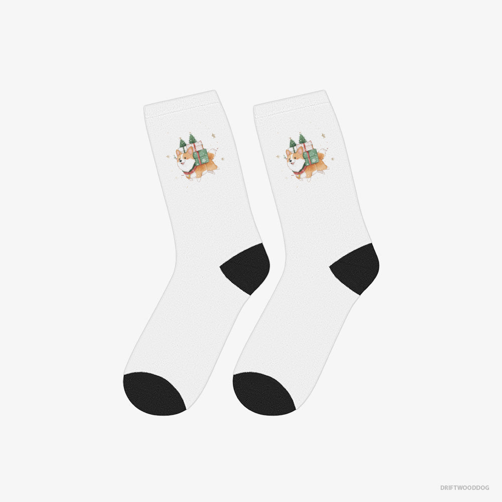 Corgi Running with Christmas Gifts and Treats – Socks White – Classic