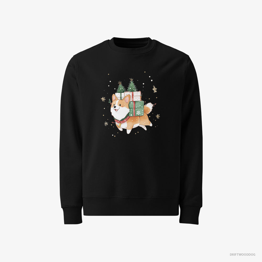 Corgi Sweatshirt – Men Black Sweatshirt Classic – Running with Christmas Gifts and Treats (on White Background)