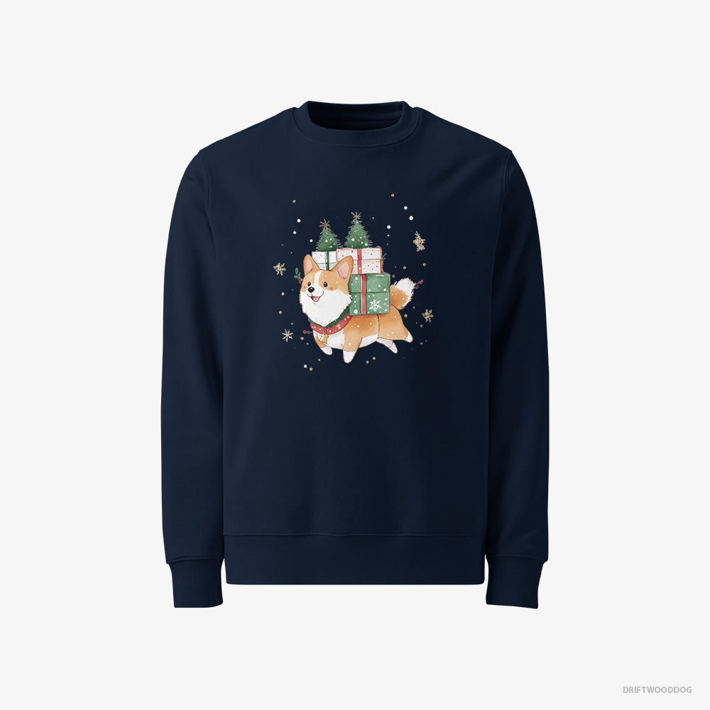 Corgi Sweatshirt – Men Navy Sweatshirt Classic – Running with Christmas Gifts and Treats (on White Background)