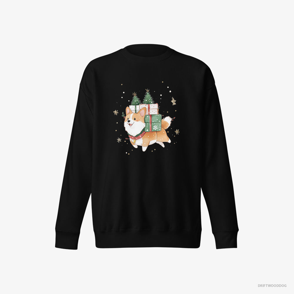 Corgi Sweatshirt – Women Black Sweatshirt Eco-Friendly – Running with Christmas Gifts and Treats (on White Background)