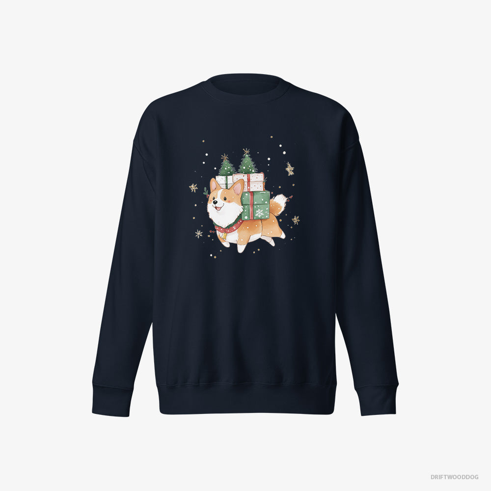 Corgi Sweatshirt – Men Navy Sweatshirt Eco-Friendly – Running with Christmas Gifts and Treats (on White Background)