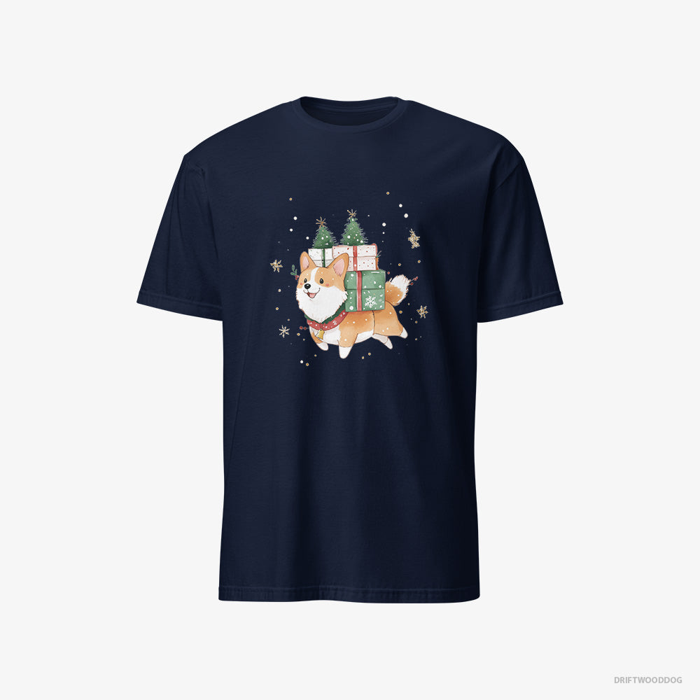 Corgi T-Shirt – Men Navy T-Shirt Classic – Running with Christmas Gifts and Treats (on White Background)