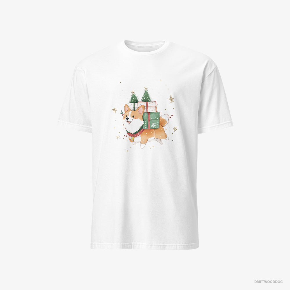 Corgi T-Shirt – Men White T-Shirt Classic – Running with Christmas Gifts and Treats (on White Background)