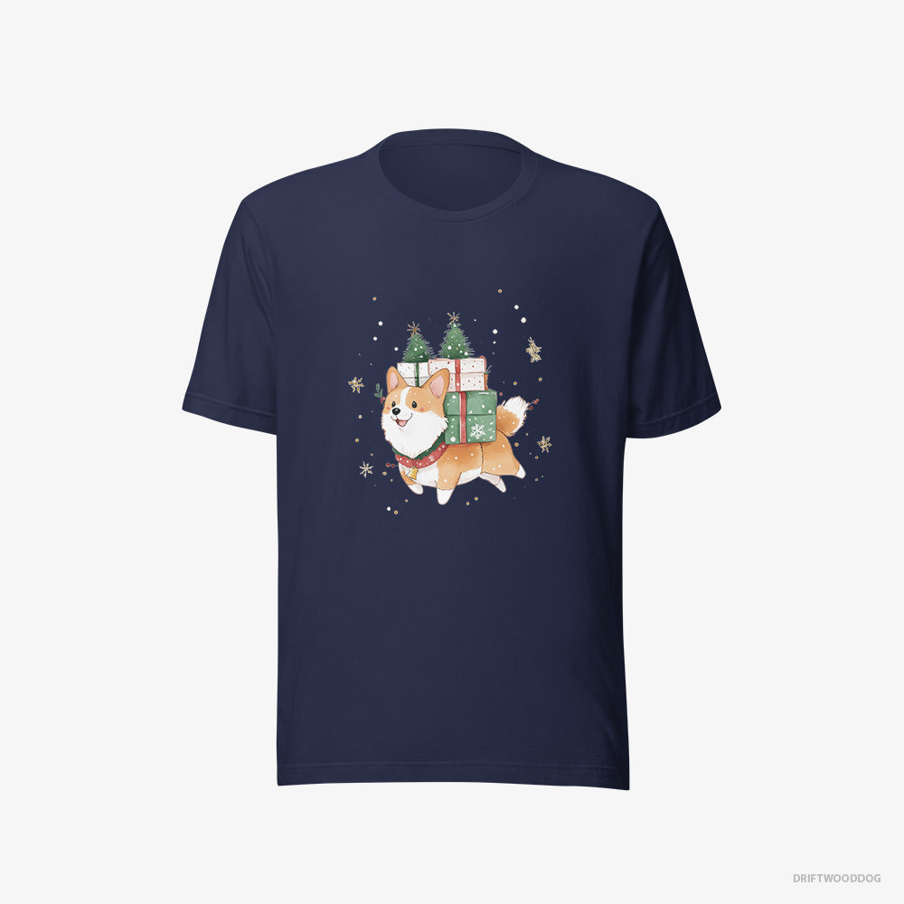 Corgi T-Shirt – Women Navy T-Shirt Eco-Friendly – Running with Christmas Gifts and Treats (on White Background)