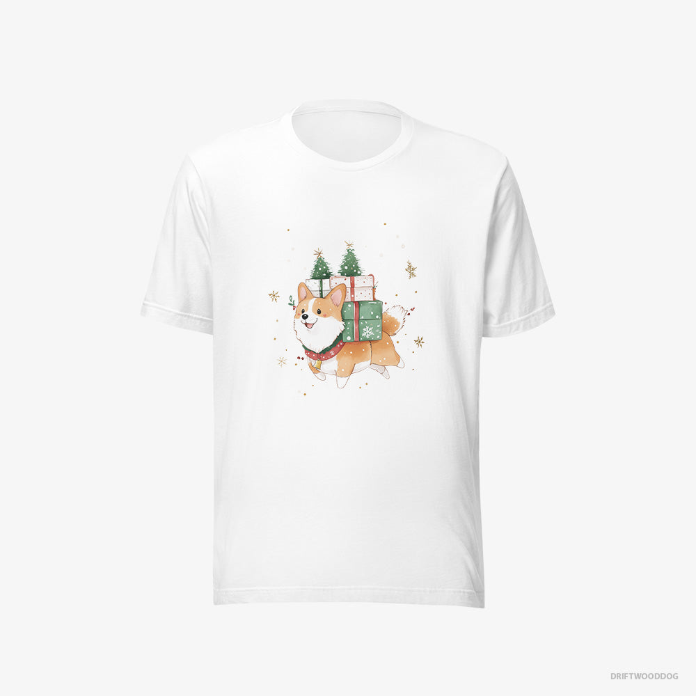 Corgi T-Shirt – Men White T-Shirt Eco-Friendly – Running with Christmas Gifts and Treats (on White Background)