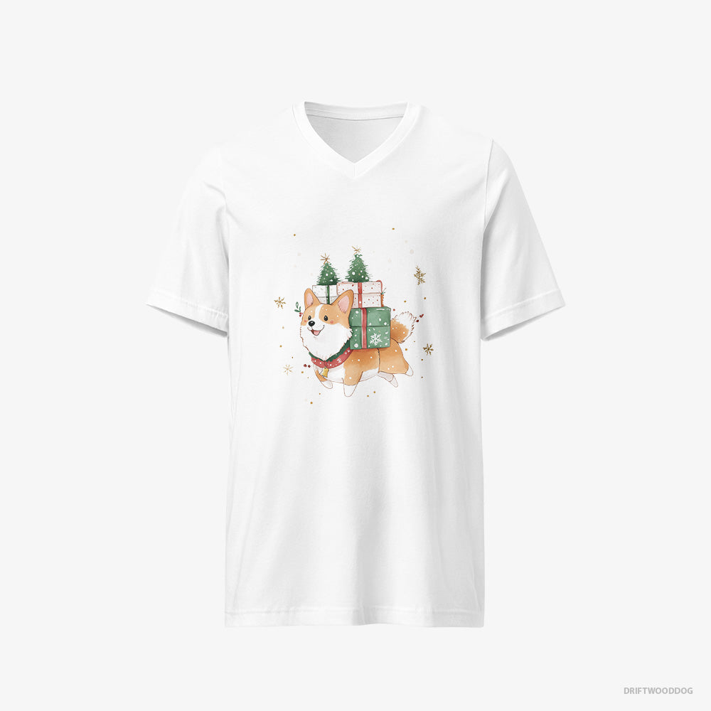 Corgi Running with Christmas Gifts and Treats V-Neck T-Shirt