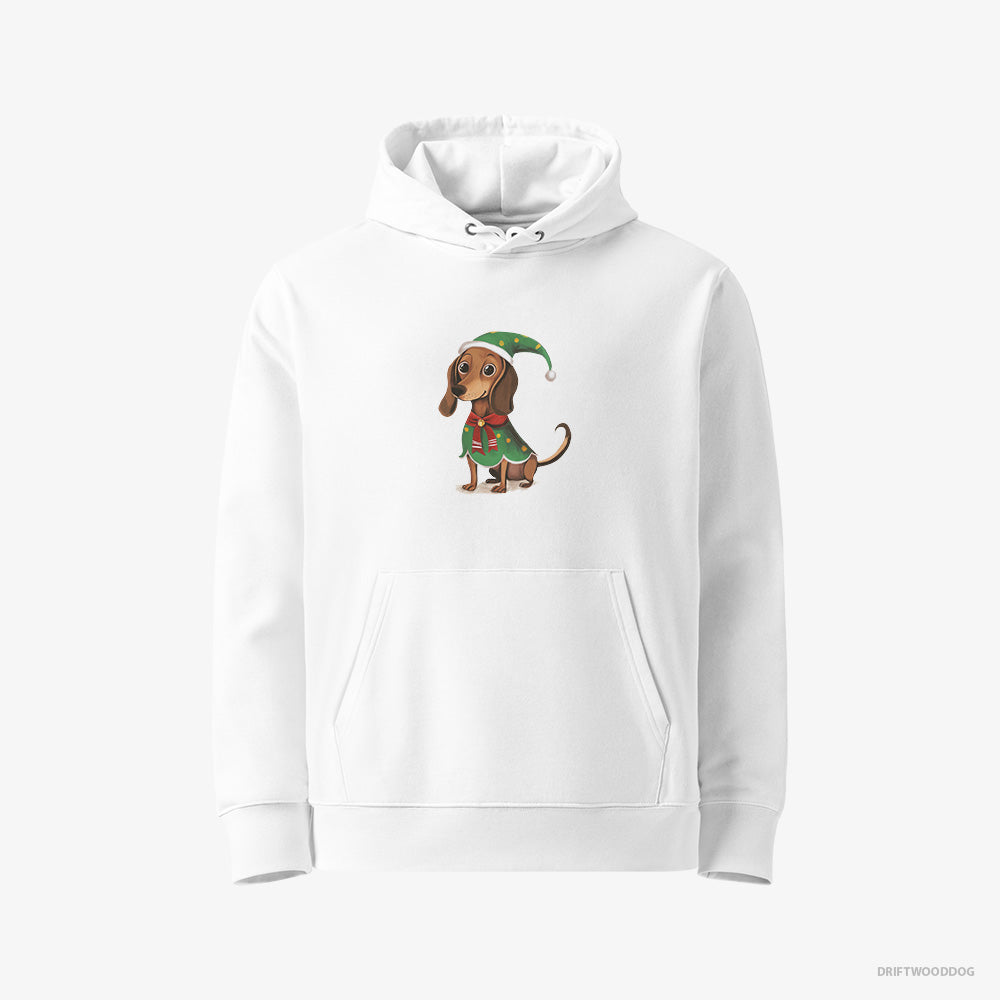 Dachshund Hoodie – Women White Hoodie Eco-Friendly – Rocking an Elf Costume (on White Background)