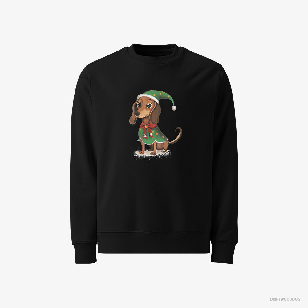 Dachshund Sweatshirt – Men Black Sweatshirt Classic – Rocking an Elf Costume (on White Background)