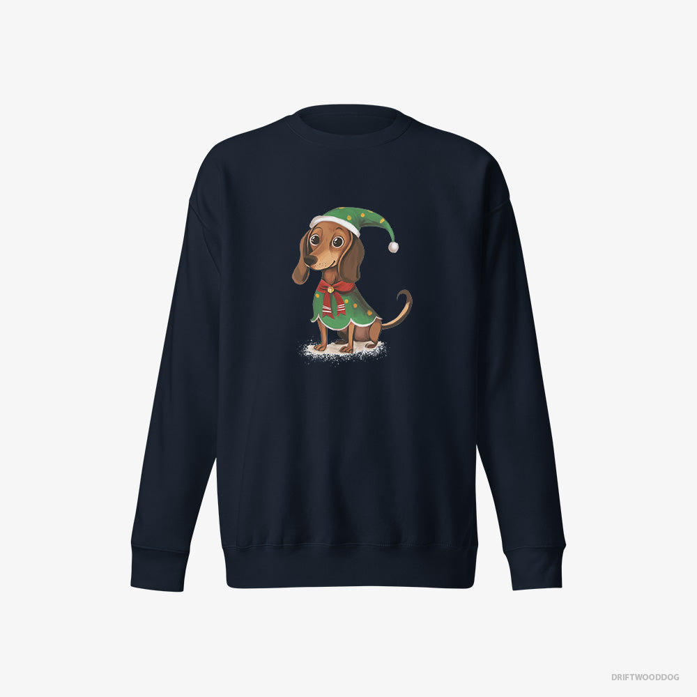 Dachshund Sweatshirt – Men Navy Sweatshirt Eco-Friendly – Rocking an Elf Costume (on White Background)