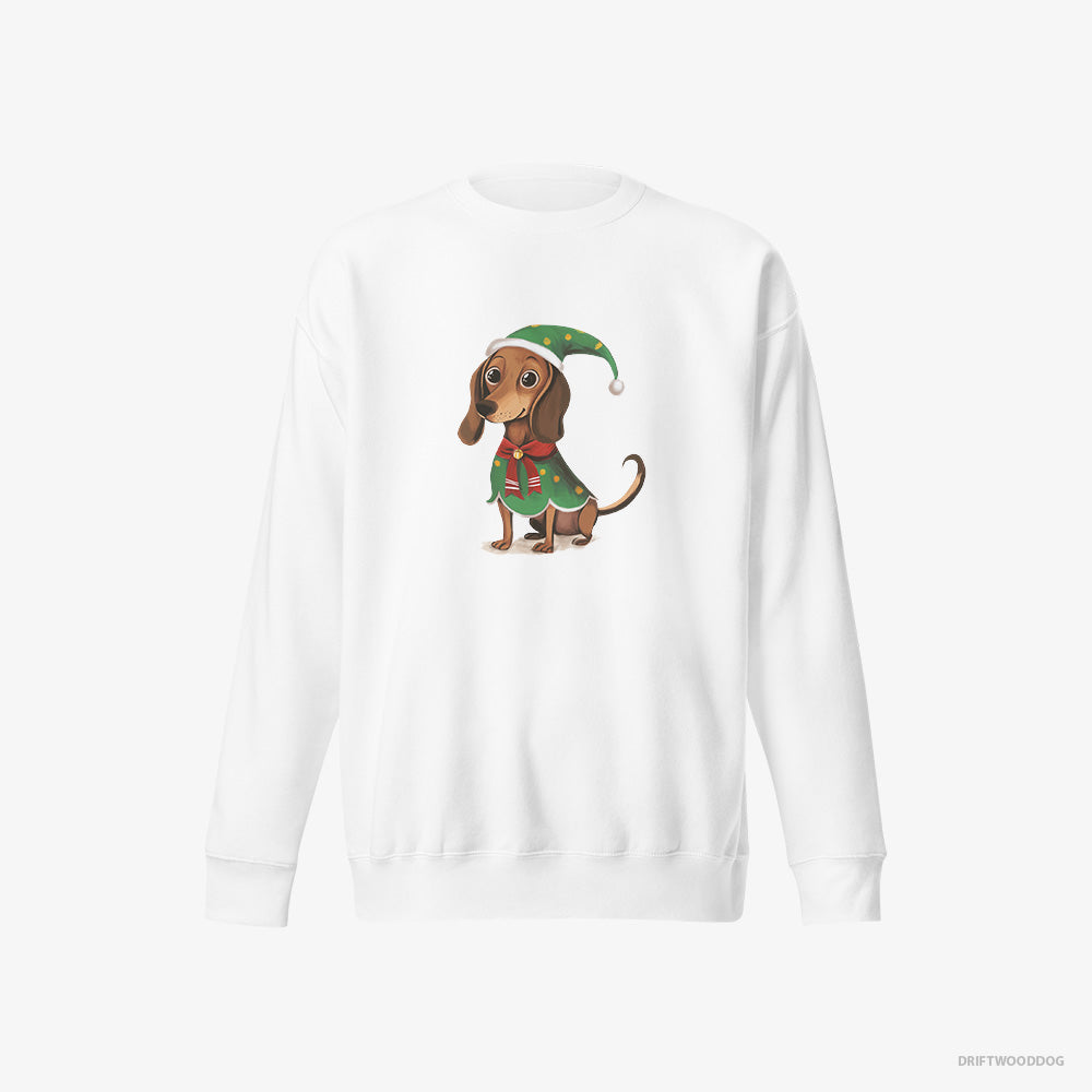 Dachshund Sweatshirt – Men White Sweatshirt Eco-Friendly – Rocking an Elf Costume (on White Background)