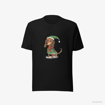 Dachshund T-Shirt – Men Black T-Shirt Eco-Friendly – Rocking an Elf Costume (on White Background)