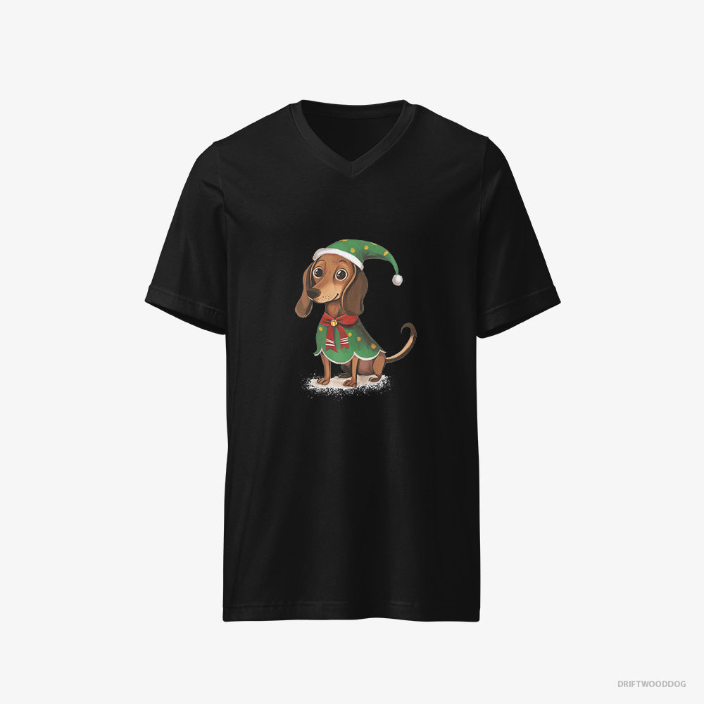 Dachshund T-Shirt – Men Black T-Shirt V-Neck – Rocking an Elf Costume (on White Background)