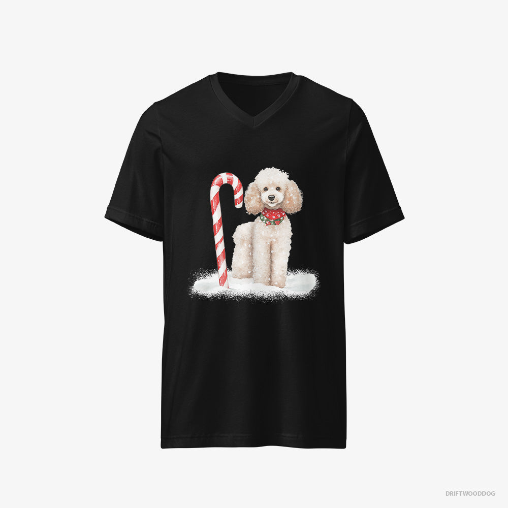 Poodle T-Shirt – Men Black T-Shirt V-Neck – with a Christmas Candy Cane (on White Background)