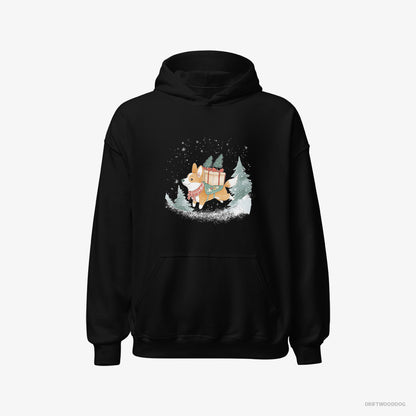 Corgi Running Through Snow with Christmas Gifts Black Hoodie