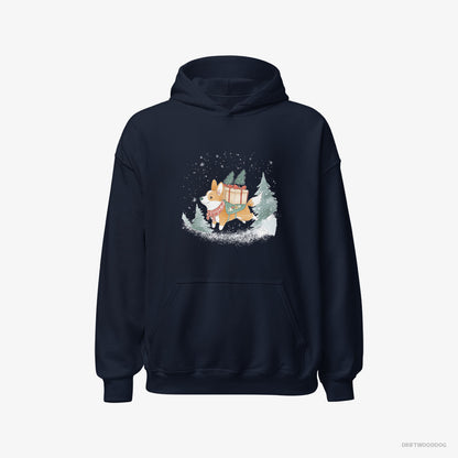 Corgi Running Through Snow with Christmas Gifts Navy Hoodie