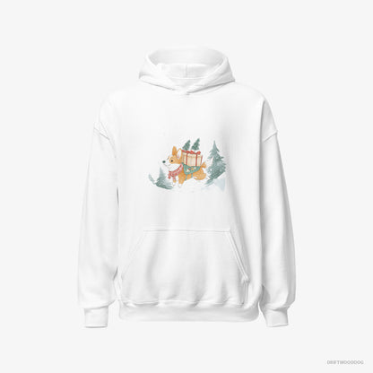 Corgi Hoodie – Men White Hoodie Classic – Running Through Snow with Christmas Gifts (on White Background)