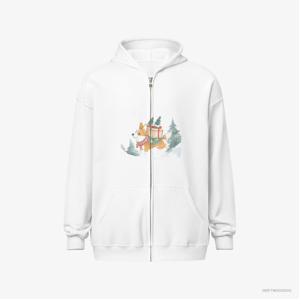 Corgi Hoodie – Men White Hoodie Full-Zip – Running Through Snow with Christmas Gifts (on White Background)