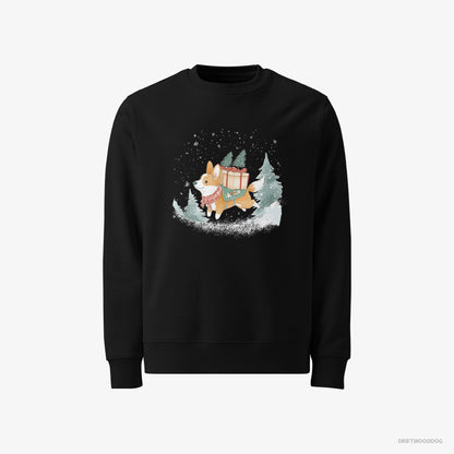 Corgi Running Through Snow with Christmas Gifts Black Sweatshirt