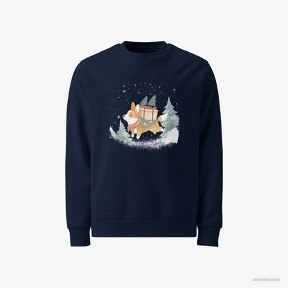 Corgi Sweatshirt – Men Navy Sweatshirt Classic – Running Through Snow with Christmas Gifts (on White Background)