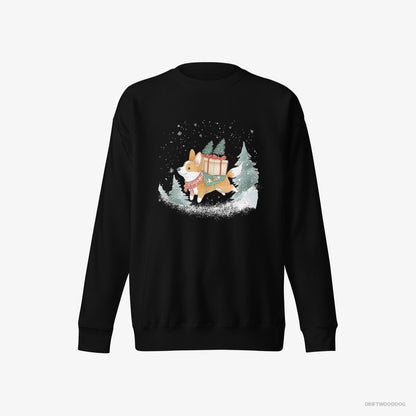 Corgi Sweatshirt – Men Black Sweatshirt Eco-Friendly – Running Through Snow with Christmas Gifts (on White Background)