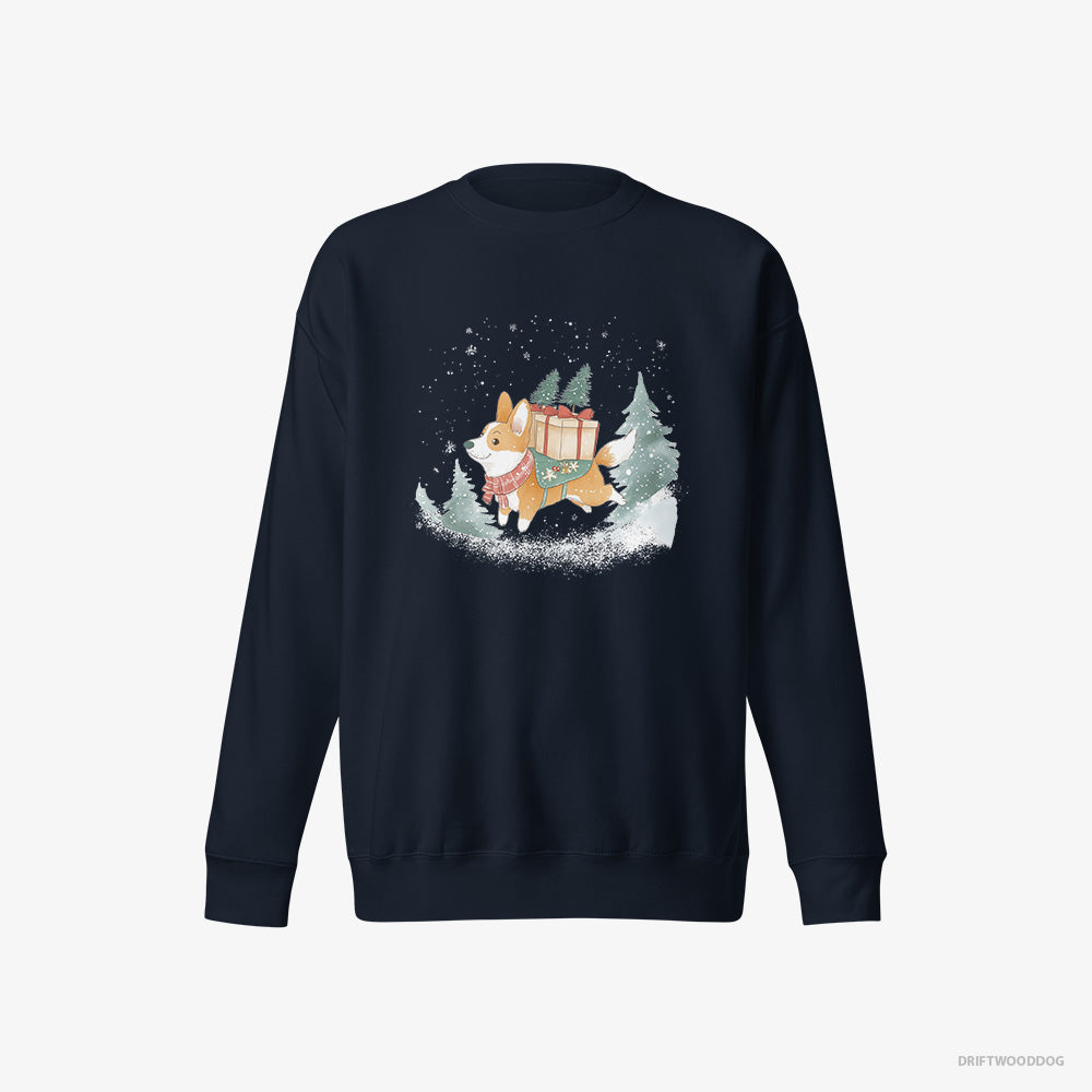 Corgi Sweatshirt – Men Navy Sweatshirt Eco-Friendly – Running Through Snow with Christmas Gifts (on White Background)