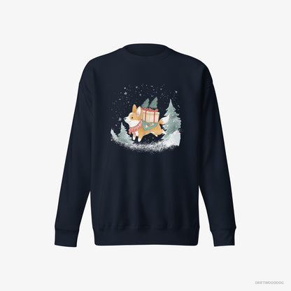 Corgi Running Through Snow with Christmas Gifts Navy Sweatshirt