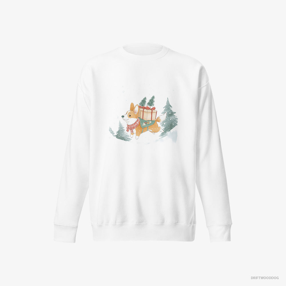 Corgi Sweatshirt – Men White Sweatshirt Eco-Friendly – Running Through Snow with Christmas Gifts (on White Background)