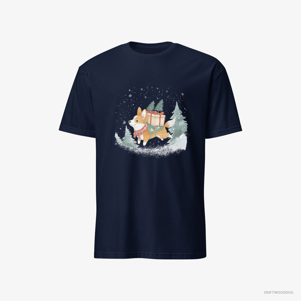 Corgi T-Shirt – Men Navy T-Shirt Classic – Running Through Snow with Christmas Gifts (on White Background)