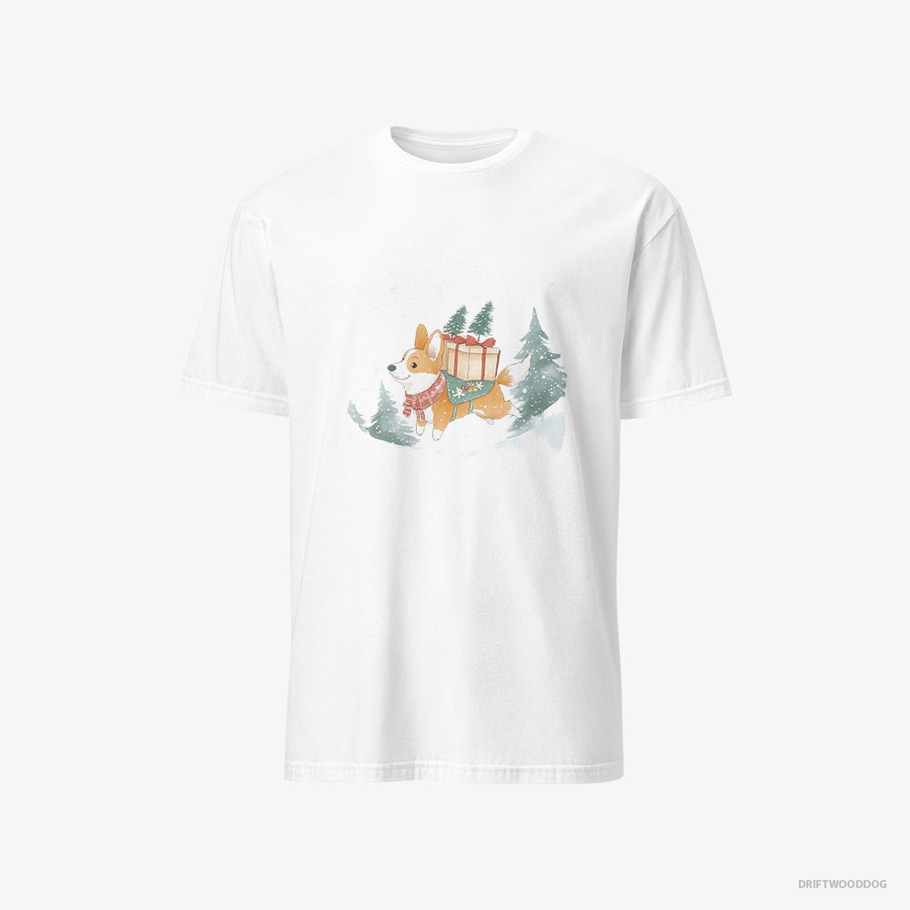 Corgi T-Shirt – Men White T-Shirt Classic – Running Through Snow with Christmas Gifts (on White Background)