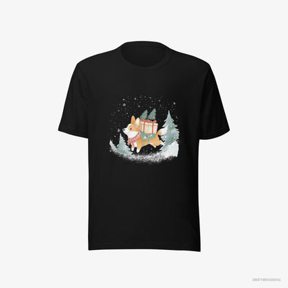 Corgi Running Through Snow with Christmas Gifts Black T-Shirt