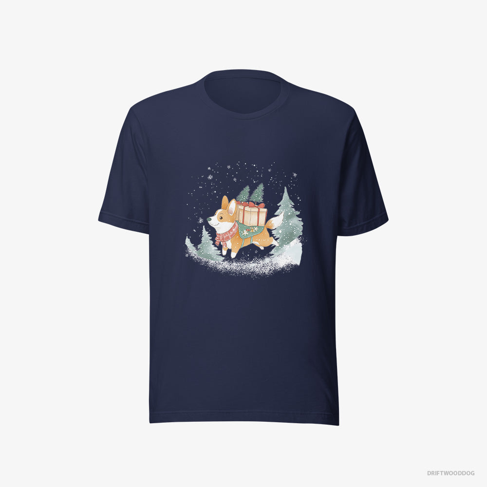 Corgi T-Shirt – Men Navy T-Shirt Eco-Friendly – Running Through Snow with Christmas Gifts (on White Background)