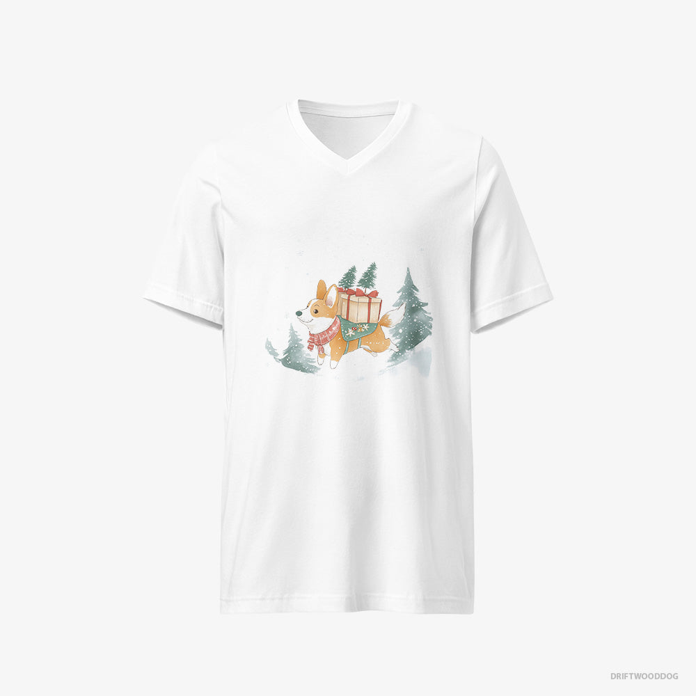 Corgi Running Through Snow with Christmas Gifts V-Neck T-Shirt