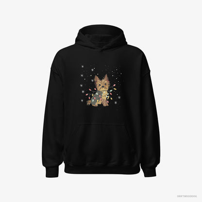 Yorkshire Terrier Wrapped in a String of Christmas Lights Black Hoodie