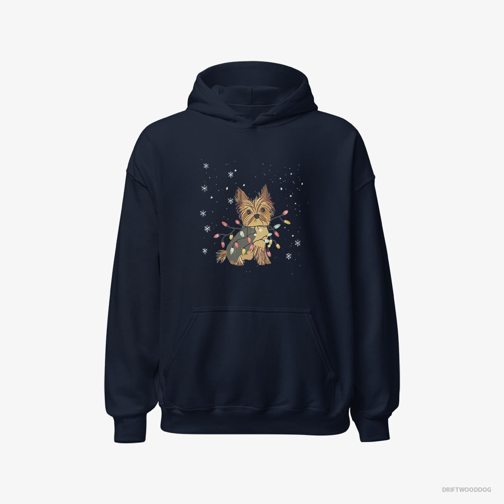 Yorkshire Terrier Wrapped in a String of Christmas Lights – Women's Hoodie Navy – Classic