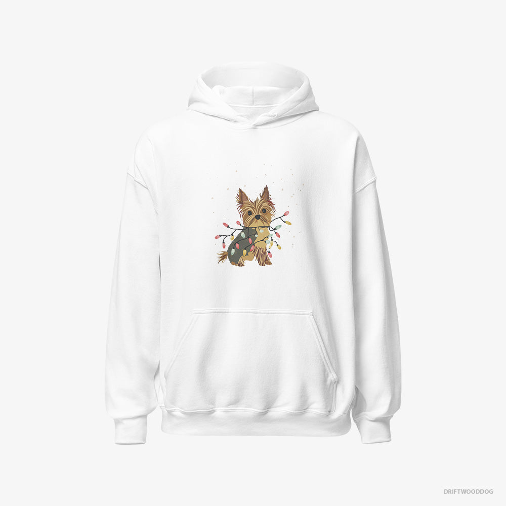 Yorkshire Terrier Hoodie – Women White Hoodie Classic – Wrapped in a String of Christmas Lights (on White Background)