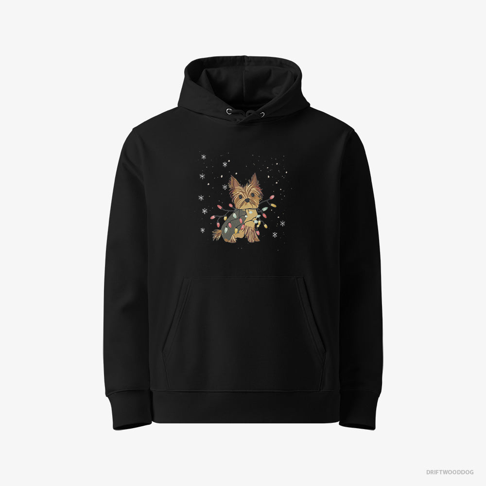 Yorkshire Terrier Hoodie – Women Black Hoodie Eco-Friendly – Wrapped in a String of Christmas Lights (on White Background)