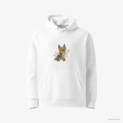 Yorkshire Terrier Hoodie – Women White Hoodie Eco-Friendly – Wrapped in a String of Christmas Lights (on White Background)