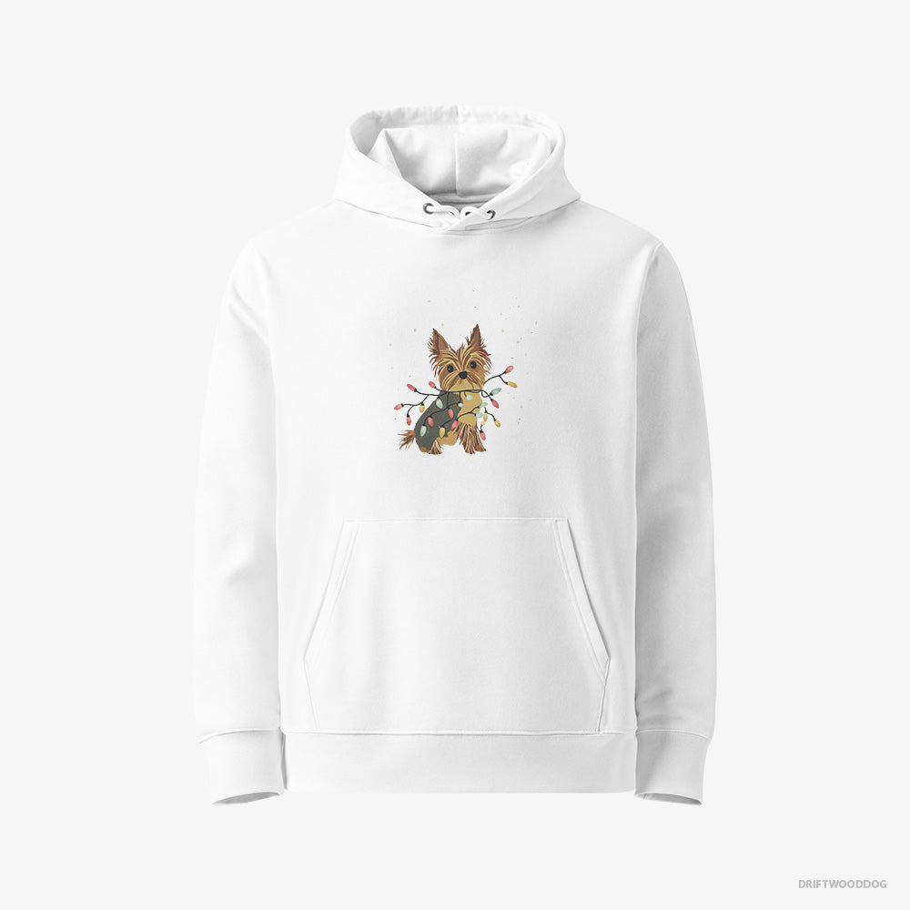 Yorkshire Terrier Wrapped in a String of Christmas Lights – Men's Hoodie White Eco – Eco-Friendly